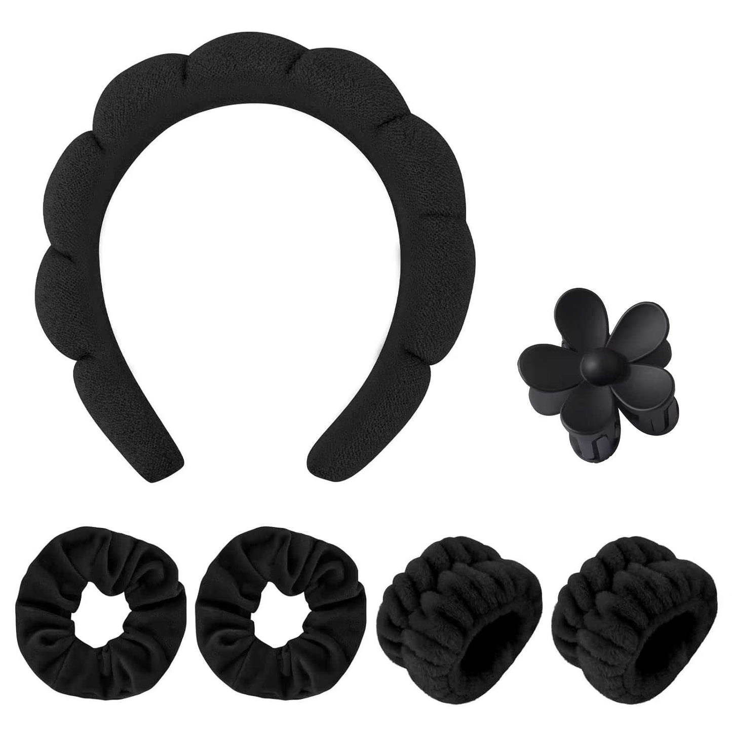 6-piece spa headband and wristband set, includes soft headbands, wristbands, and hair clips, ideal for skincare and beauty routines.