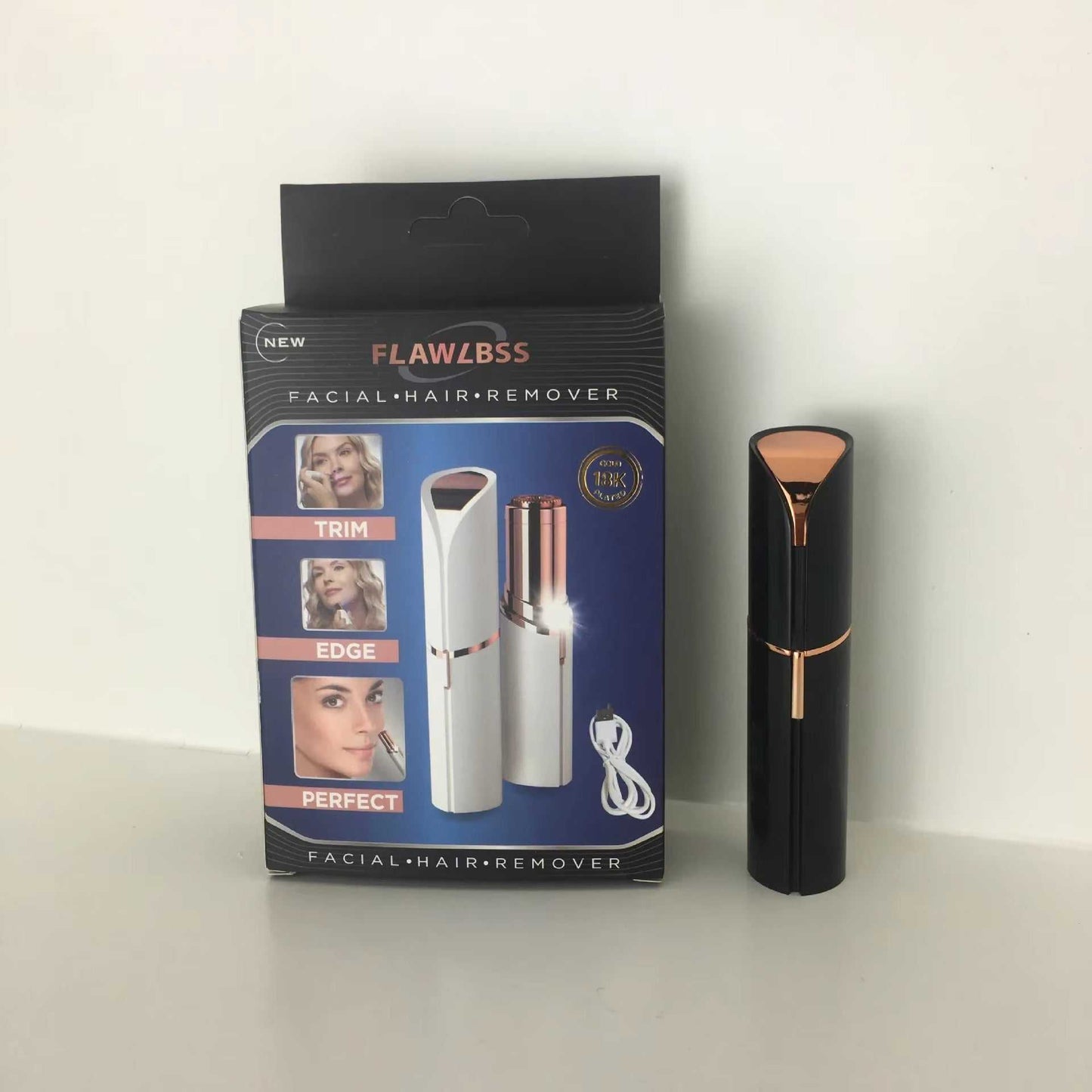 Portable electric hair removal trimmer with lipstick-style design and packaging, ideal for facial hair removal and trimming delicate areas.