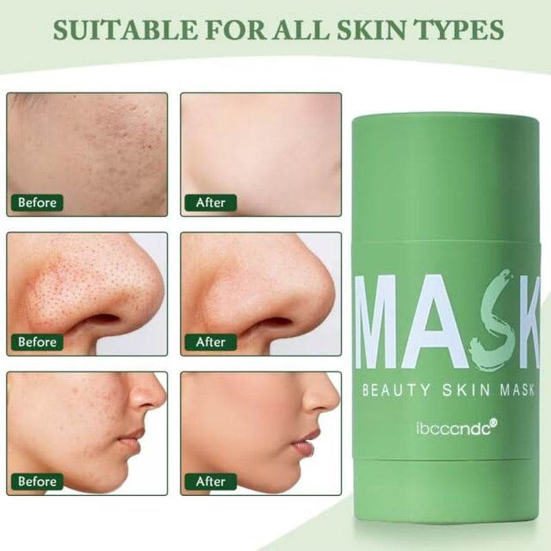 Blackhead remover face mask stick with green tea extract showing before and after results on various skin types and clear, smooth skin.