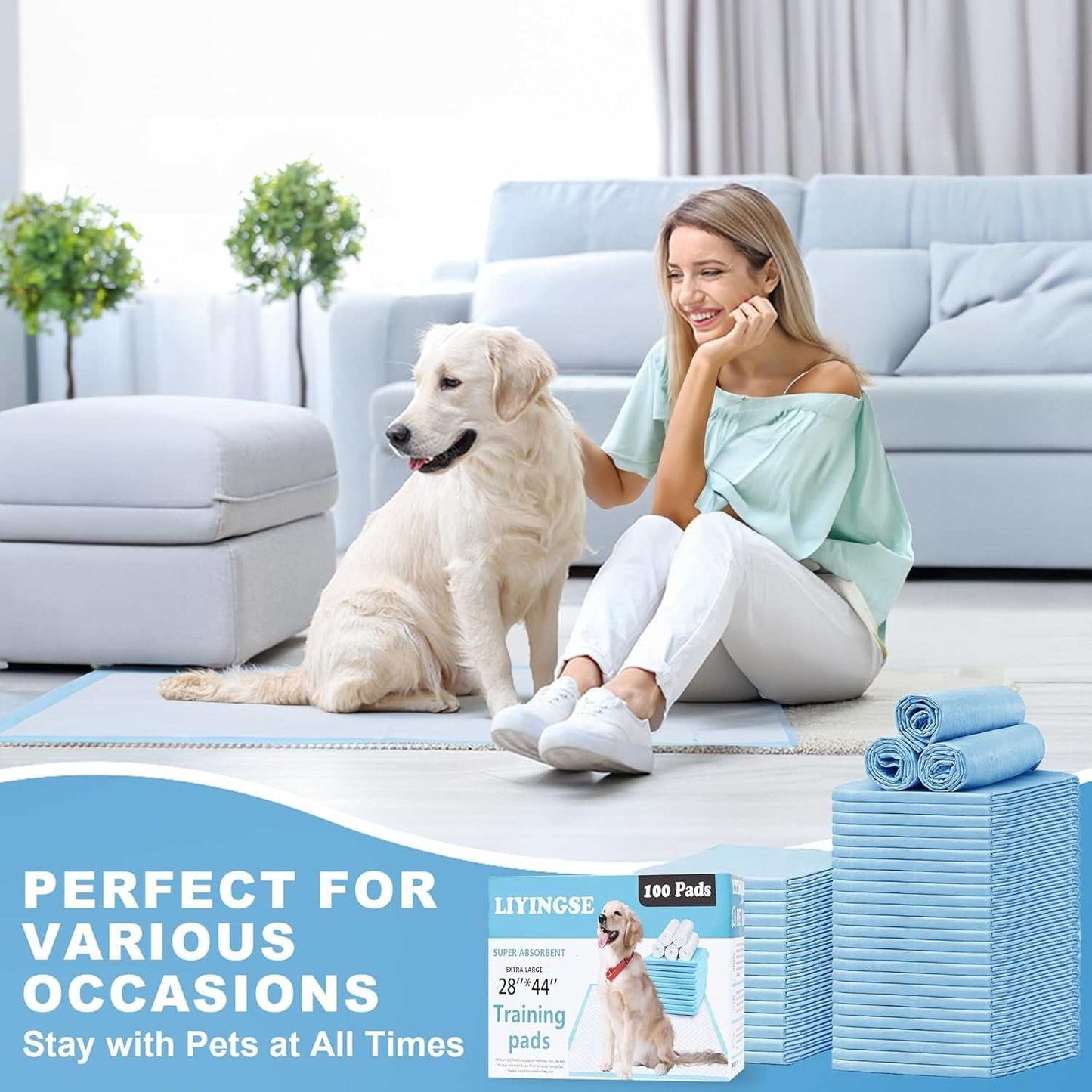 Pet pee absorbent training pads stacked with a happy woman and golden retriever dog in a clean living room