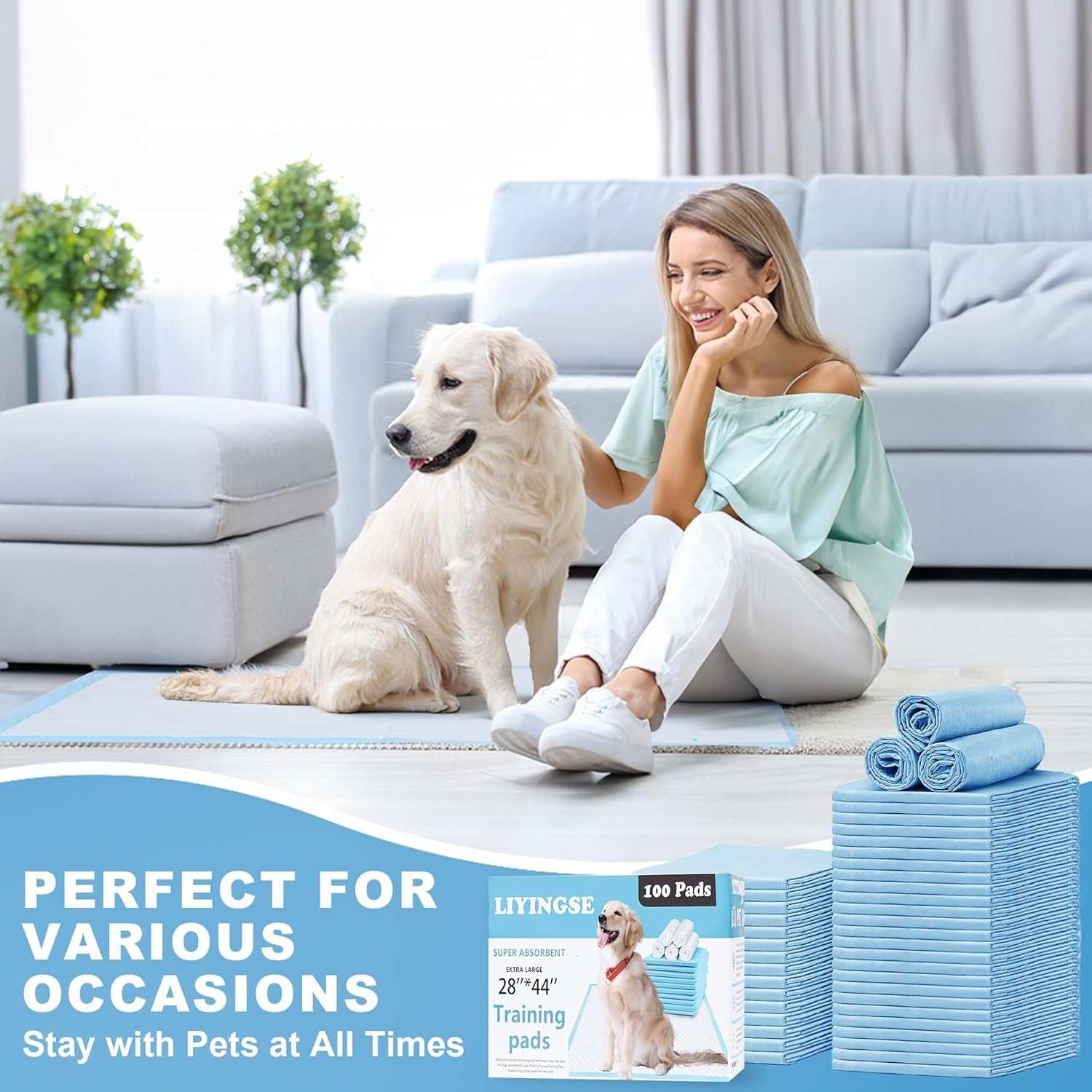 Pet pee absorbent training pads stacked with a happy woman and golden retriever dog in a clean living room