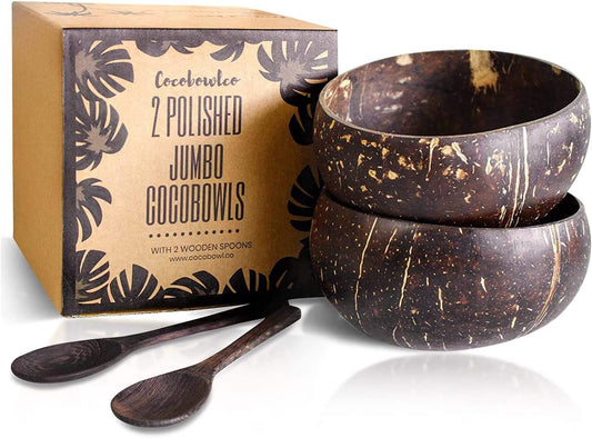 Eco-friendly coconut bowl and wooden spoon set with polished finish, sustainable and biodegradable.