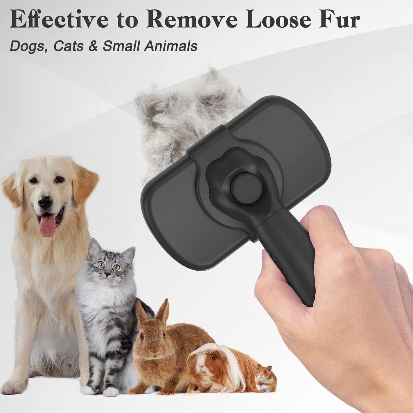 Hand holding black pet self cleaning brush removing loose fur with dog, cat, rabbits, and guinea pig in background