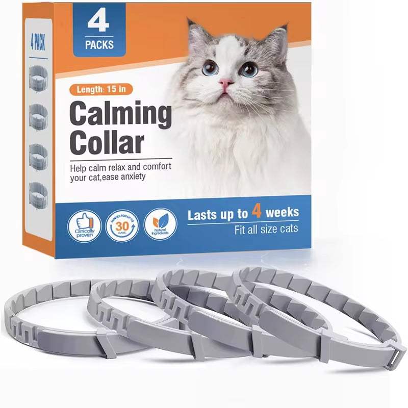 Calming pheromone collars for cats to reduce anxiety and stress, adjustable and lasting up to 4 weeks, pack of 4