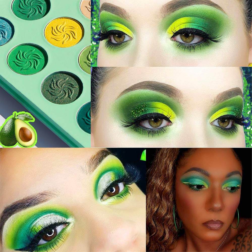 Green Eyeshadow Christmas makeup set with 15 vibrant shades, featuring matte, shimmer, and glitter finishes for bold festive looks.