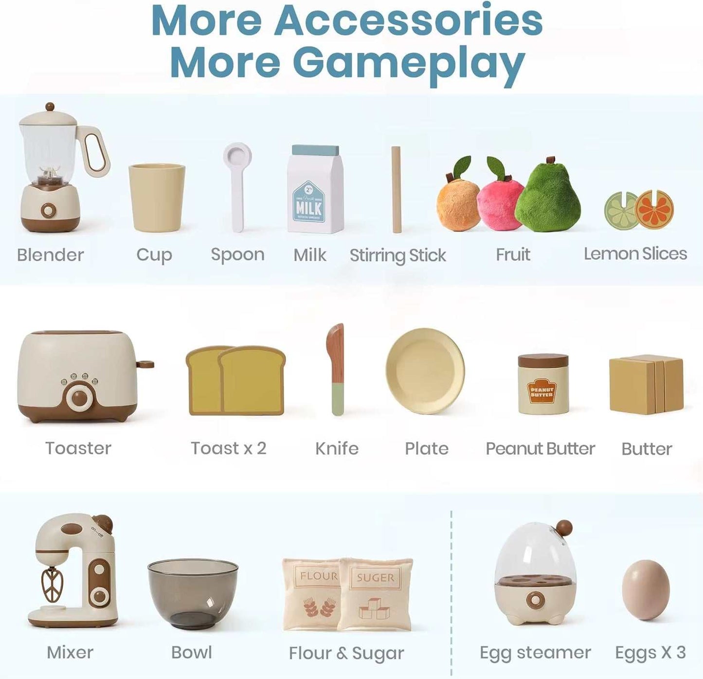 Kids toaster mixer blender playset with wooden kitchen accessories, including blender, cup, spoon, milk, stirring stick, fruit, lemon slices, toaster, toast, knife, plate, peanut butter, butter, mixer, bowl, flour, sugar, egg steamer, eggs.