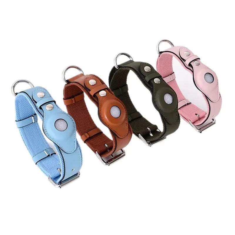 Adjustable leather pet collar with Apple Airtag holder available in blue, brown, green, and pink for pet location tracking