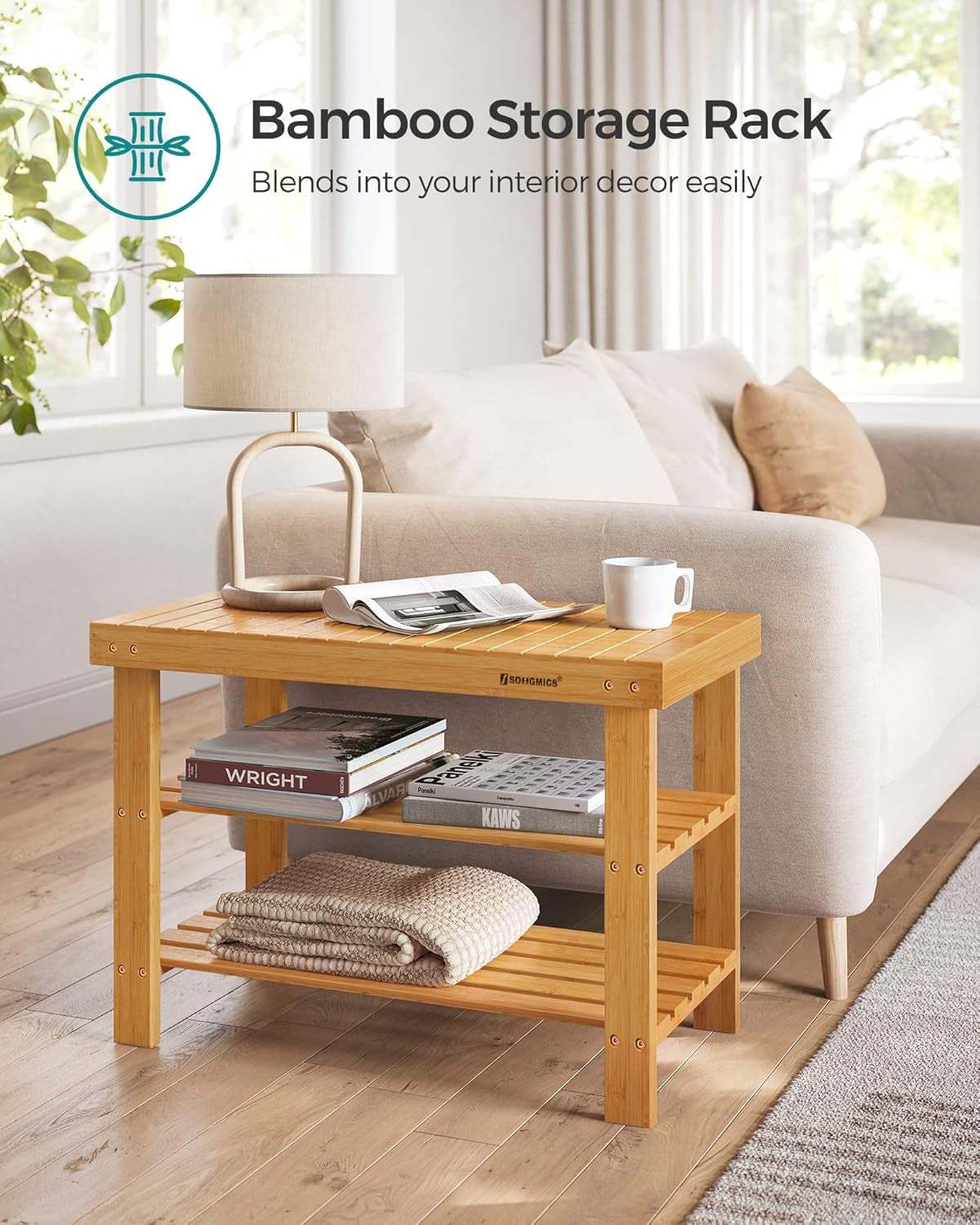 2-tier bamboo shoe bench in a cozy living room setting.