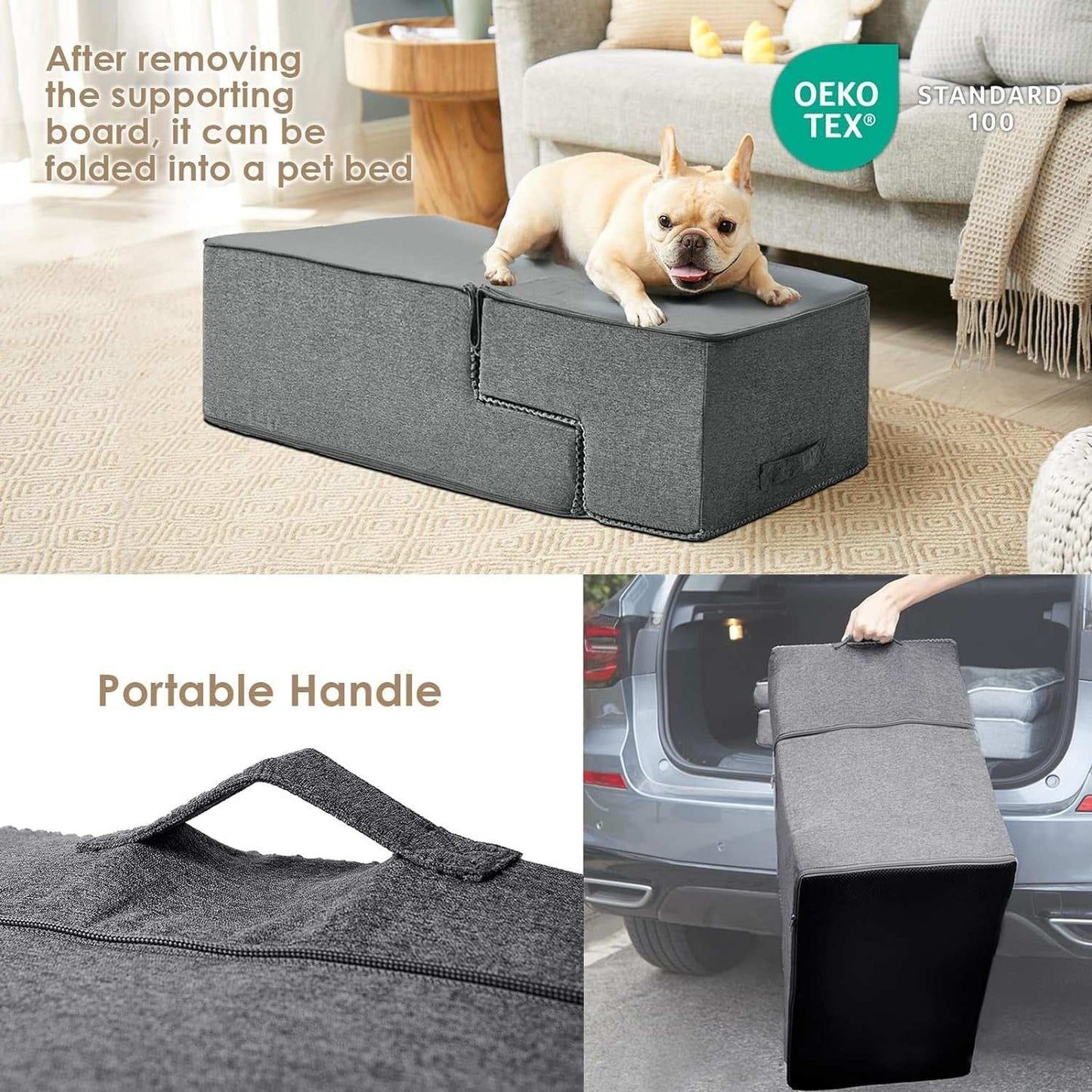 Portable gray dog stairs ramp with non-slip steps and foldable design for small pets with limited mobility, featuring a handle for easy carrying and indoor use.