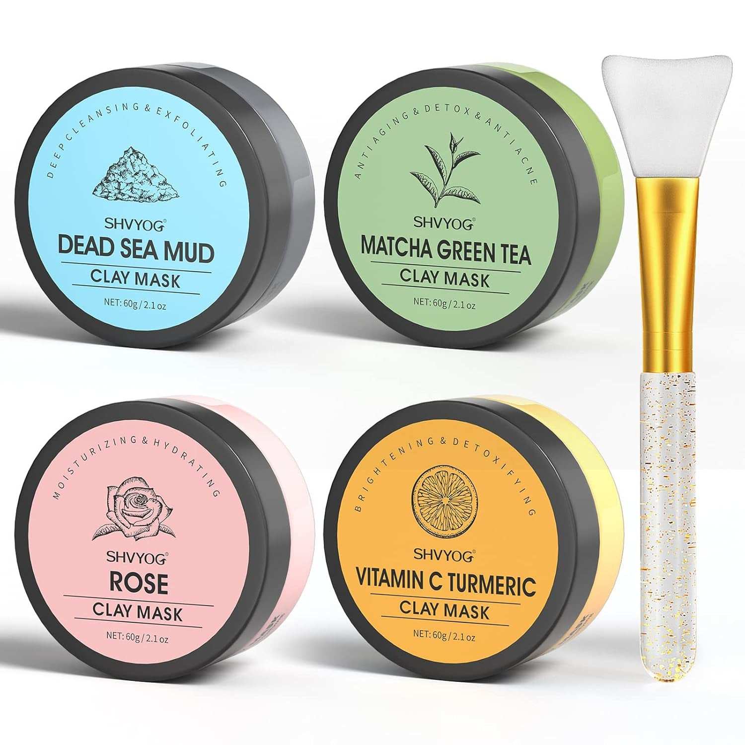 Four clay facial masks in jars: Dead Sea Mud, Matcha Green Tea, Rose, Vitamin C & Turmeric with applicator.
