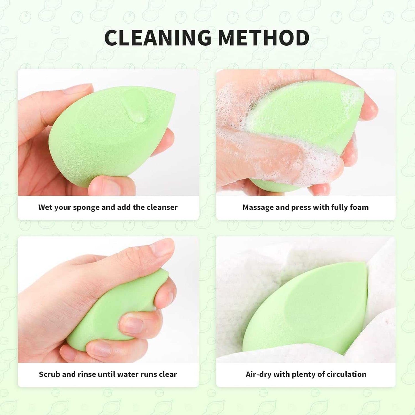 Neon green makeup brush sponge set with cleaning instructions for flawless makeup application.