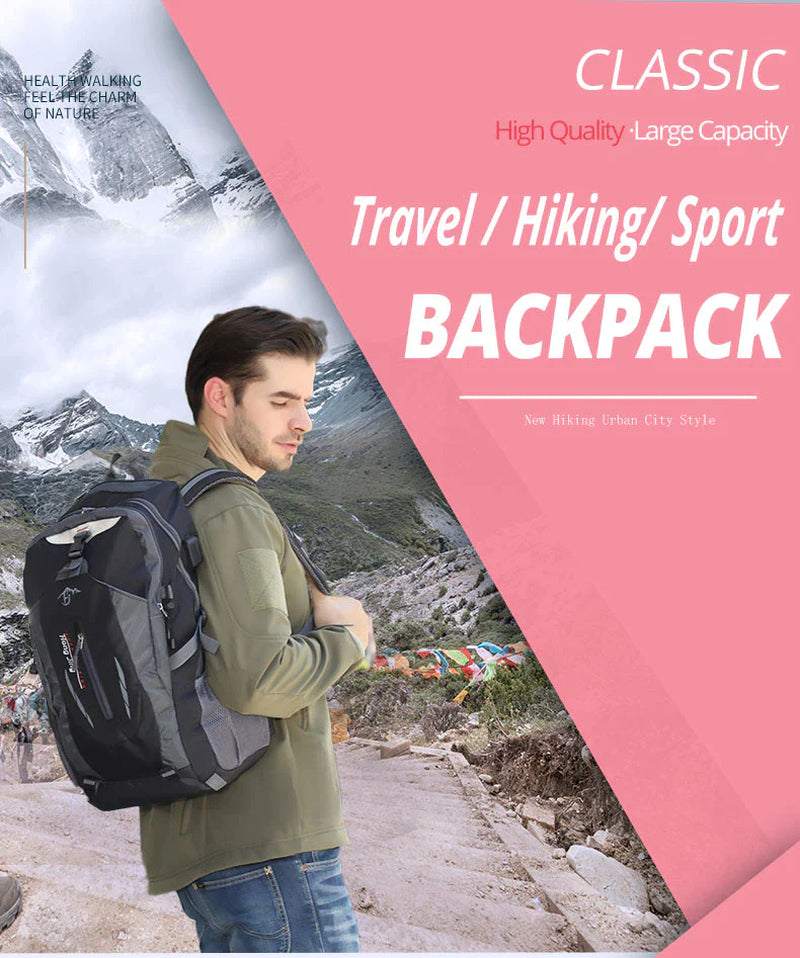 Classic travel hiking backpack with high-capacity design, worn by a man in a mountainous landscape.