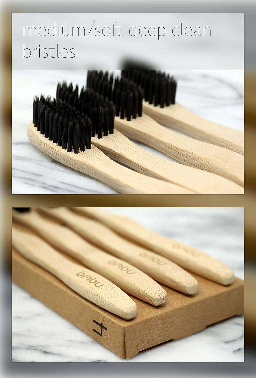 Eco-friendly wooden toothbrushes with soft charcoal bristles on a bamboo handle, packaged sustainably.