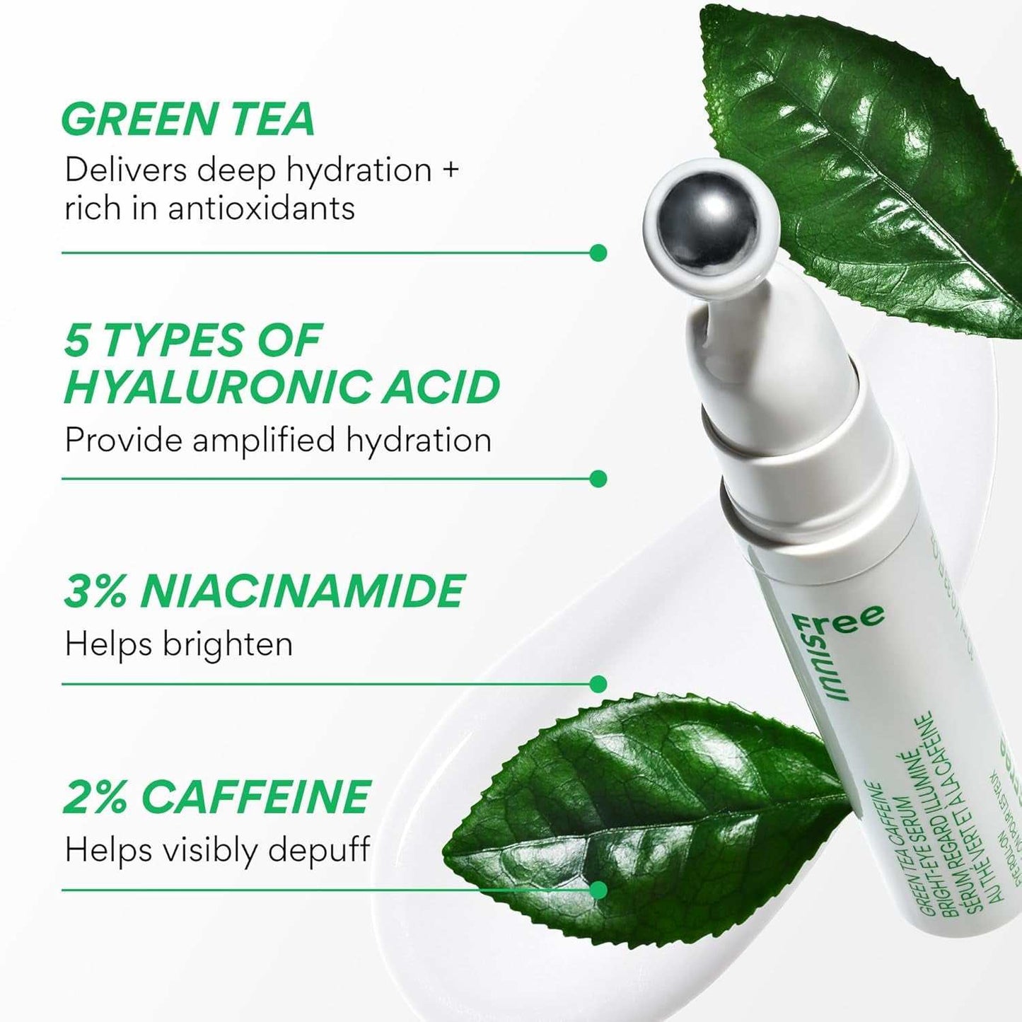 Cooling eye roll serum with green tea, caffeine, and niacinamide for hydrating, brightening, and depuffing tired eyes.