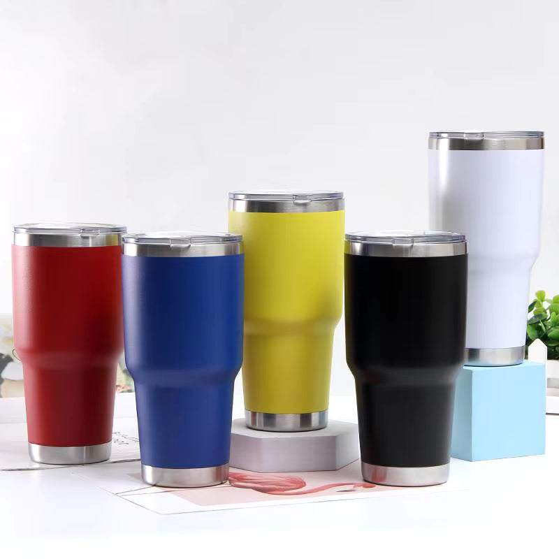 Stainless steel travel tumblers in various colors for hot and cold beverages, ideal for travel and daily use.