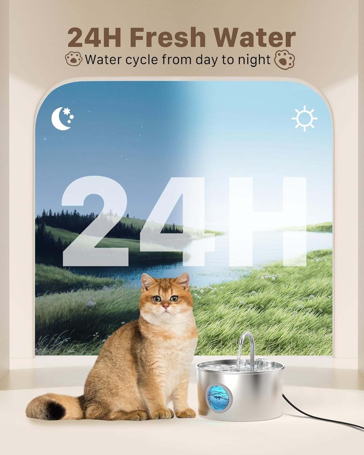 Pet stainless steel water fountain with ultra-quiet pump providing fresh, filtered water for cats and small animals.