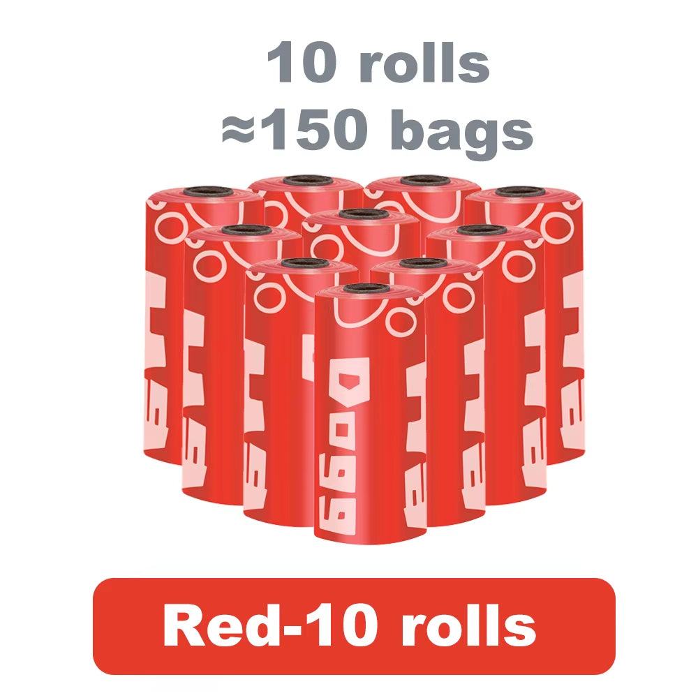 Red rolls of eco-friendly dog poop bags in a 10-roll pack with built-in LED light dispenser for night walks