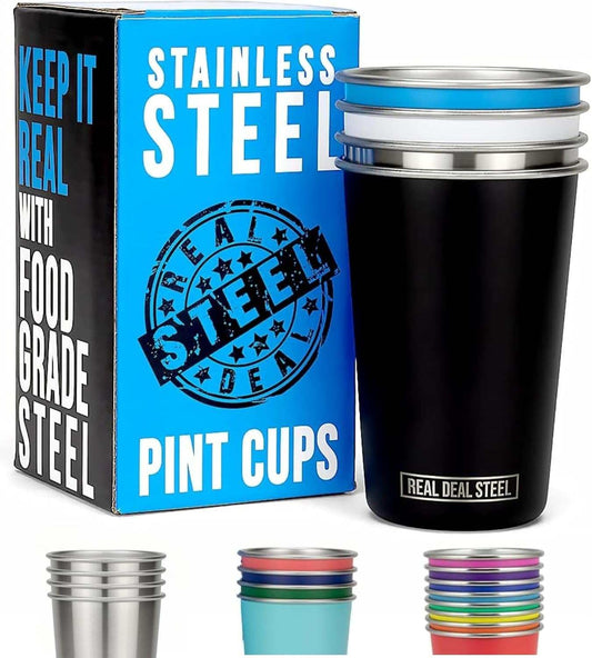 Eco-friendly premium metal drinking glasses, stackable and reusable tumblers, available in multiple colors, suitable for various beverages.