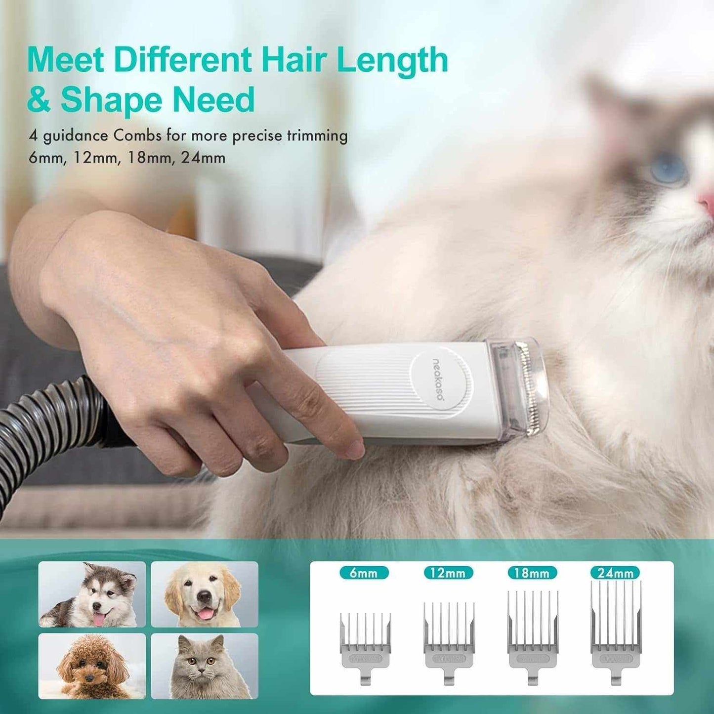 Pet grooming vacuum with adjustable combs for precise trimming on dogs and cats of different hair lengths and shapes