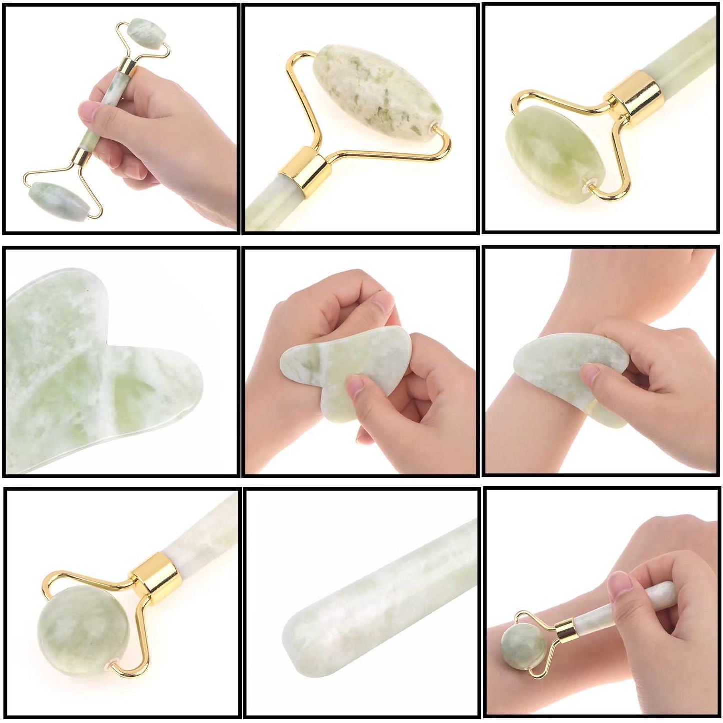 Natural jade roller and gua sha set for facial massage and skincare.