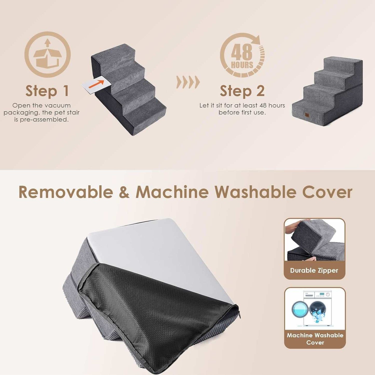 Dog stairs ramp with 4 steps, removable machine washable cover, non-slip tread, lightweight durable design for small pets with mobility issues.