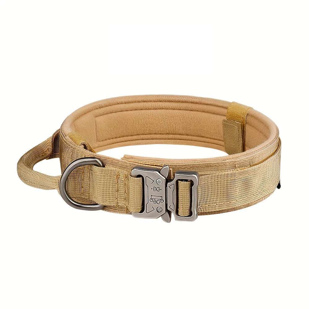 Tactical dog collar in tan with heavy-duty nylon, quick-release buckle, and metal D-ring for leash attachment.