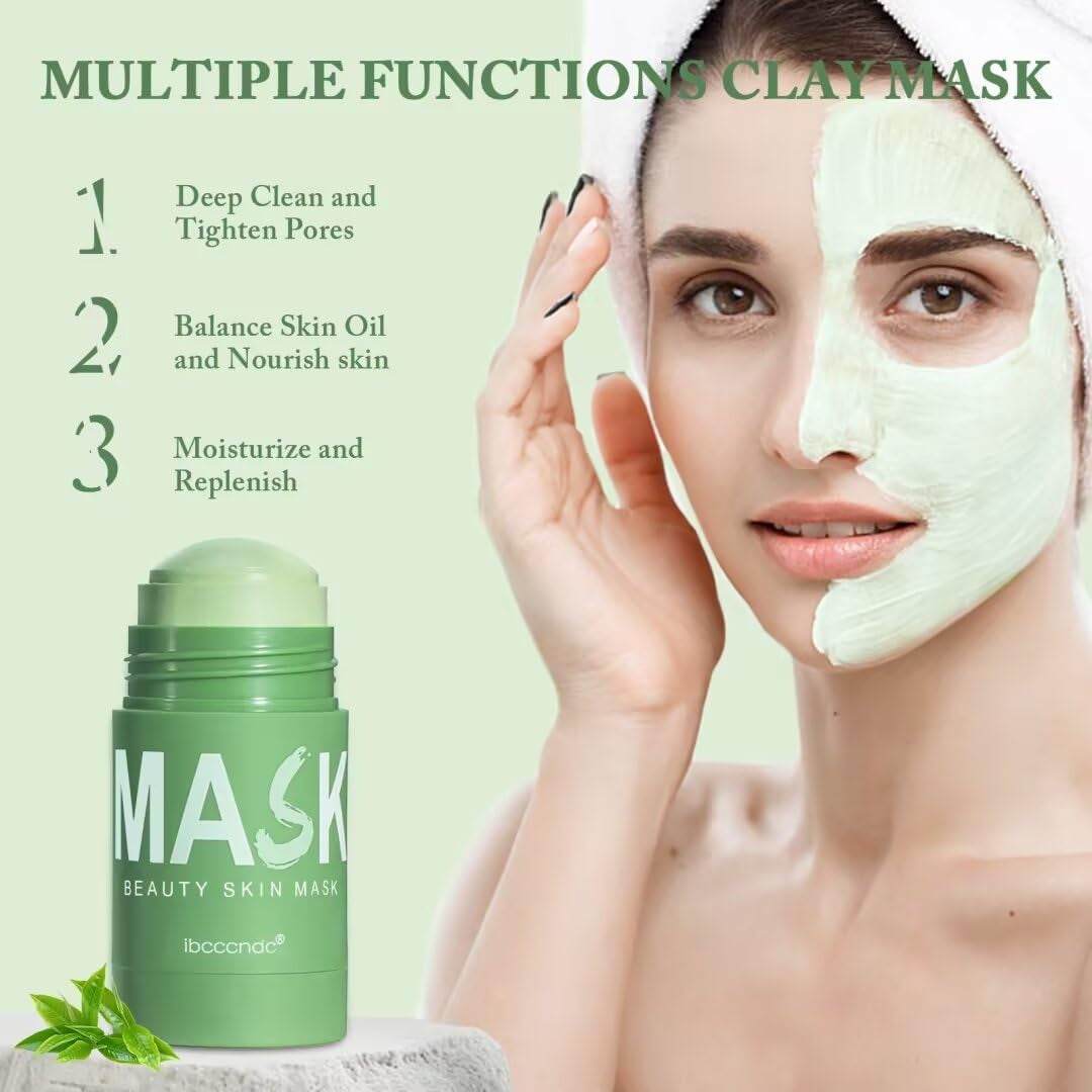 Blackhead remover face mask stick with green tea extract for deep cleansing, pore tightening, oil control, and moisturizing, applied on woman's face.