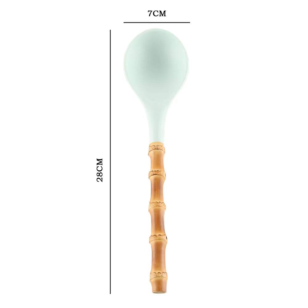 Bamboo kitchenware root silicone kitchenware set piece with durable bamboo handle and silicone head, measuring 28cm by 7cm.