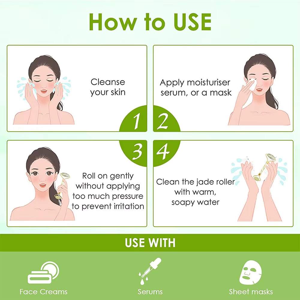 Instructions for using a jade roller with skincare products like face creams, serums, and sheet masks.