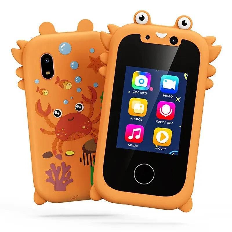 Kids smart phone educational toy with touchscreen, dual cameras, music player, and engaging learning games, designed in orange with a crab theme.