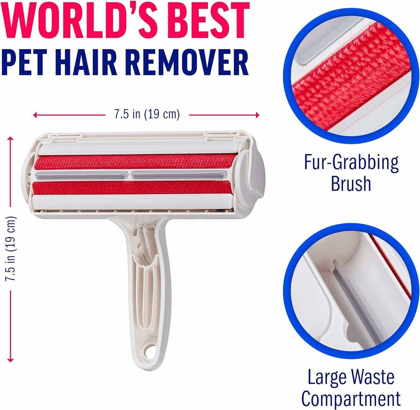 Portable pet hair remover roller with fur-grabbing brush and large waste compartment, 7.5-inch multi-surface fur removal tool