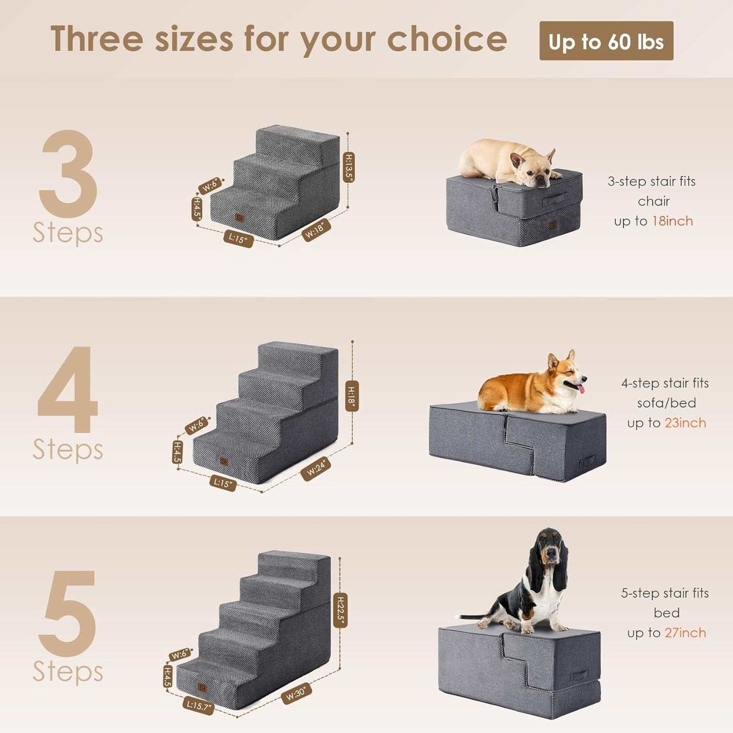 Gray dog stairs ramp with 3, 4, and 5-step options for small pets up to 60 lbs, designed for indoor use with non-slip treads and lightweight durable construction.