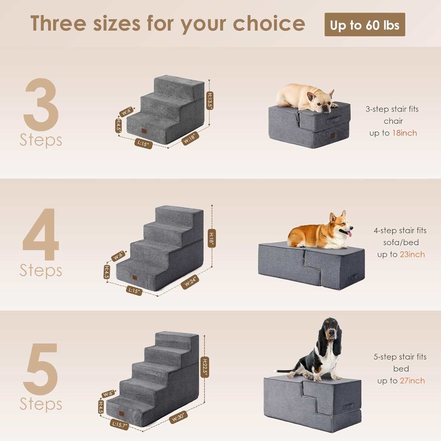 Gray dog stairs ramp with 3, 4, and 5-step options for small pets up to 60 lbs, designed for indoor use with non-slip treads and lightweight durable construction.
