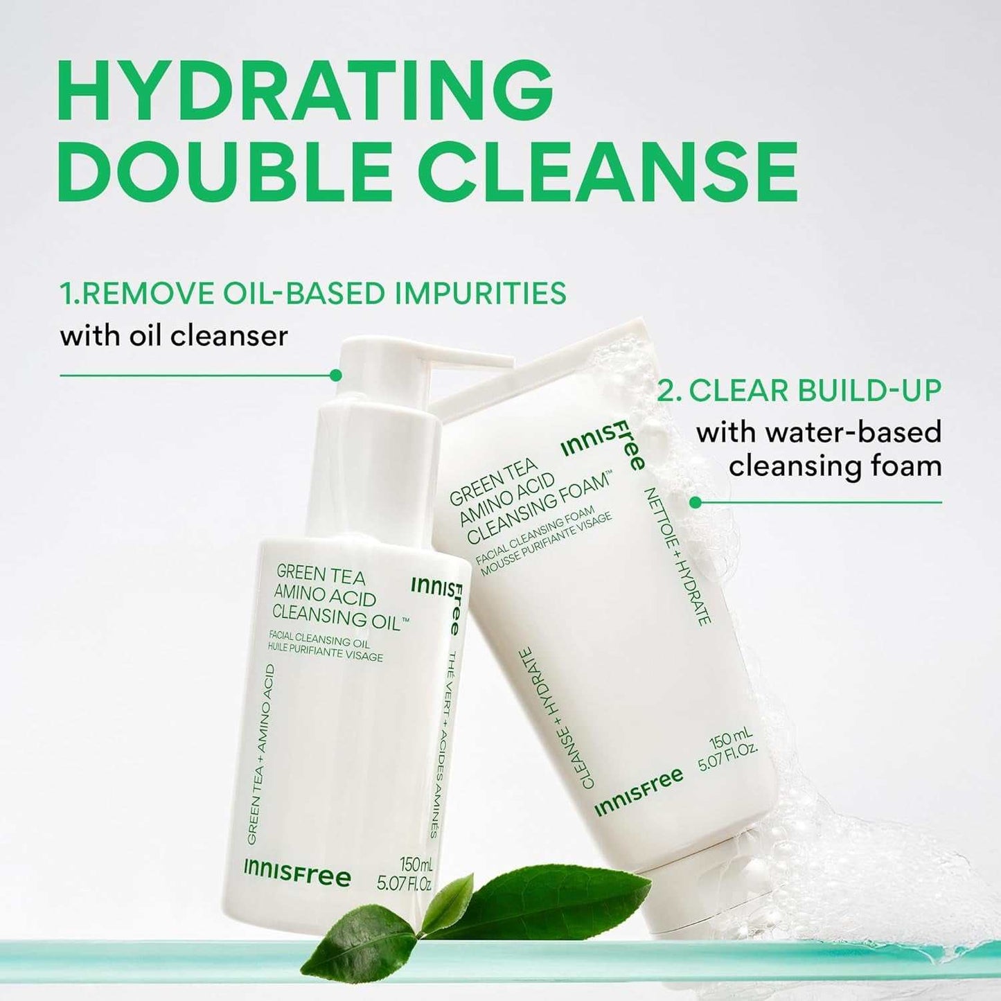 Deep cleansing green tea amino acid face wash and cleansing oil set for hydrating double cleanse
