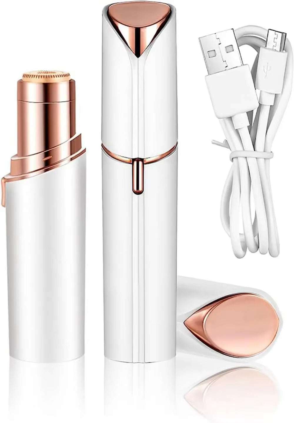Portable electric hair removal trimmer with lipstick-style design, rechargeable and cordless for gentle, painless trimming.