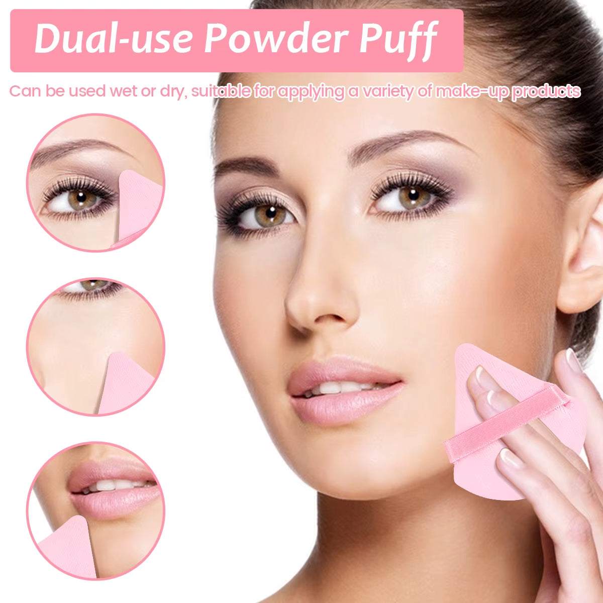 Woman using dual-use powder puff for makeup application, emphasizing precision for eye and lip areas.