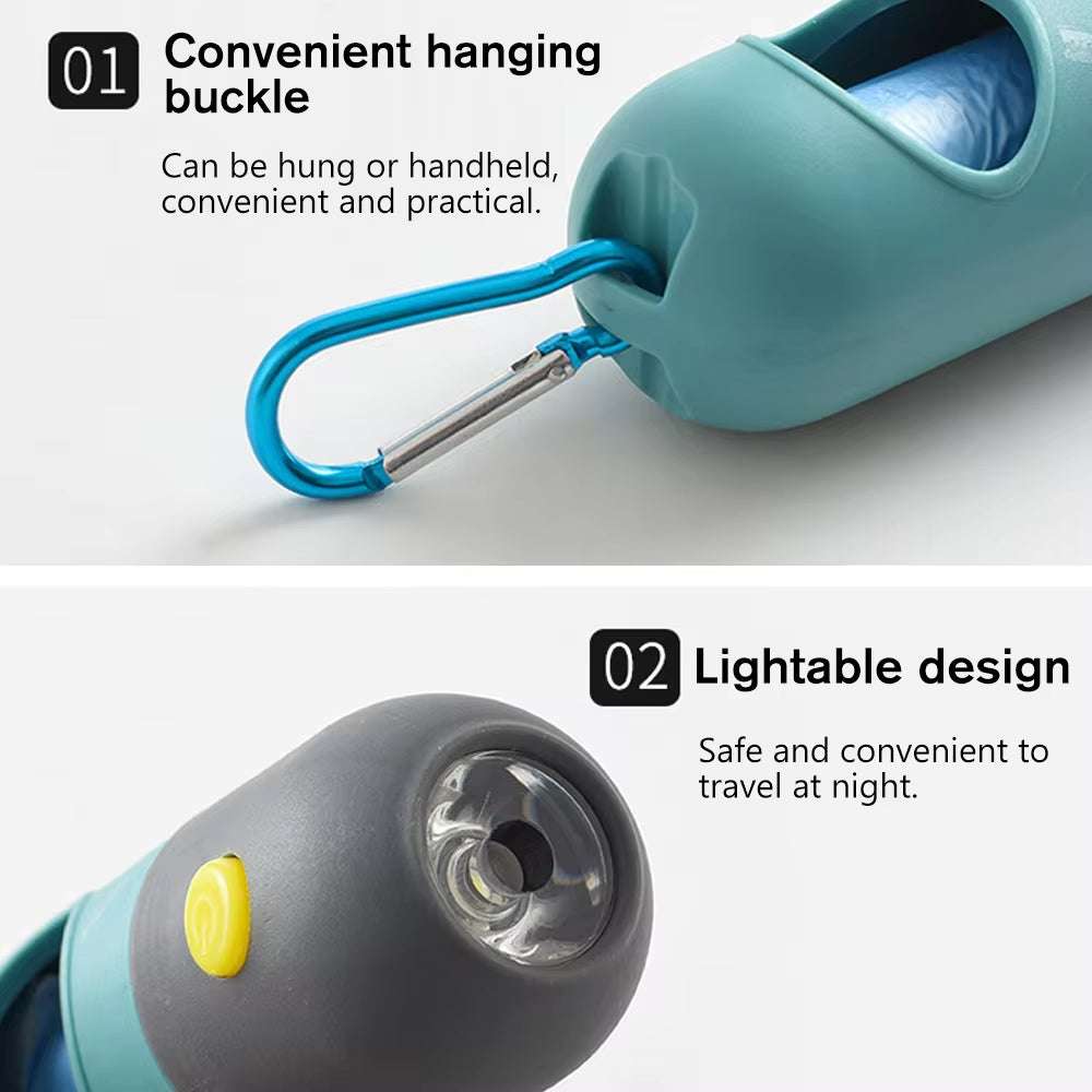 Dog outdoor LED light poop bag dispenser with convenient hanging buckle and lightable design for night walks