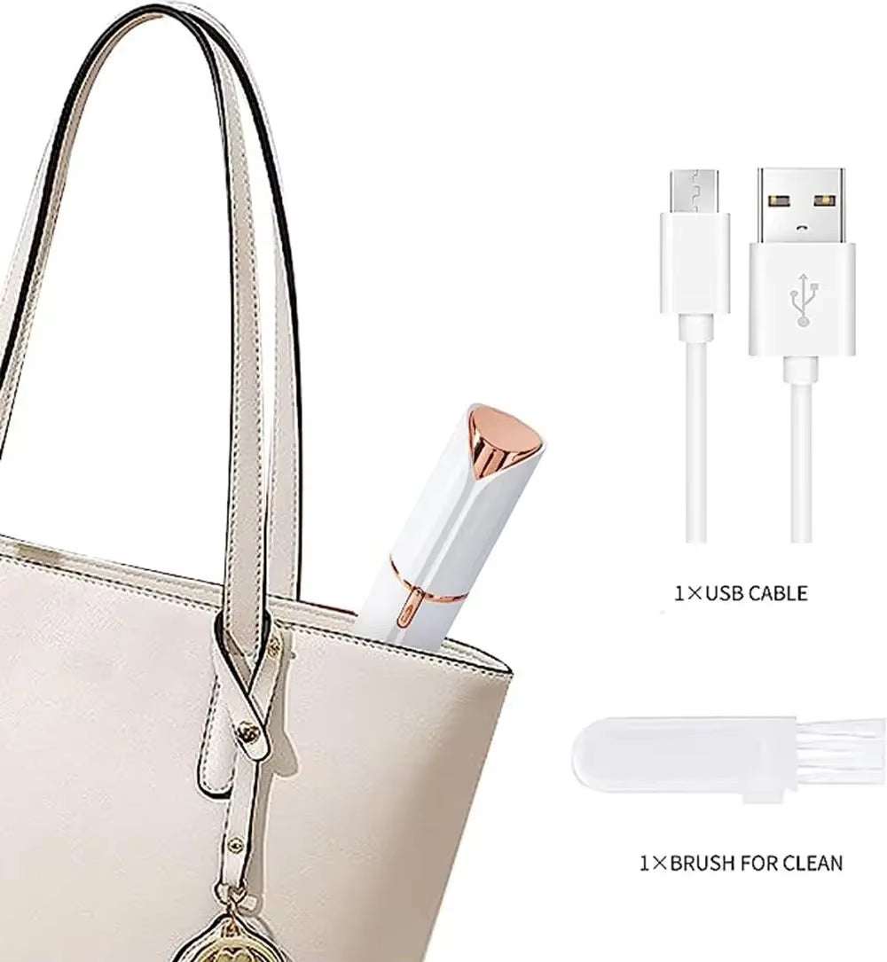 Portable electric hair removal trimmer with lipstick-style design in handbag, USB cable, and cleaning brush.