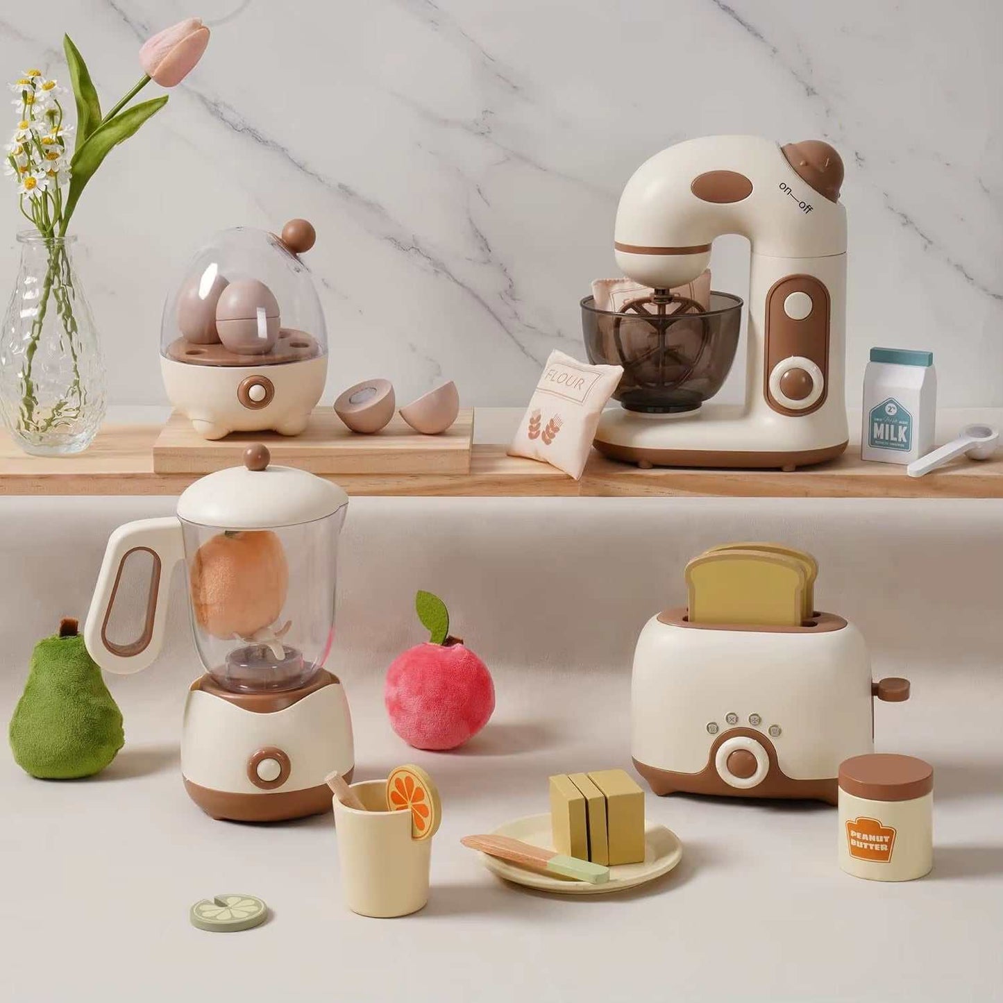 Kids toaster mixer blender playset with colorful wooden kitchen toys, including pretend toaster, mixer, and blender, promoting imaginative and educational play.