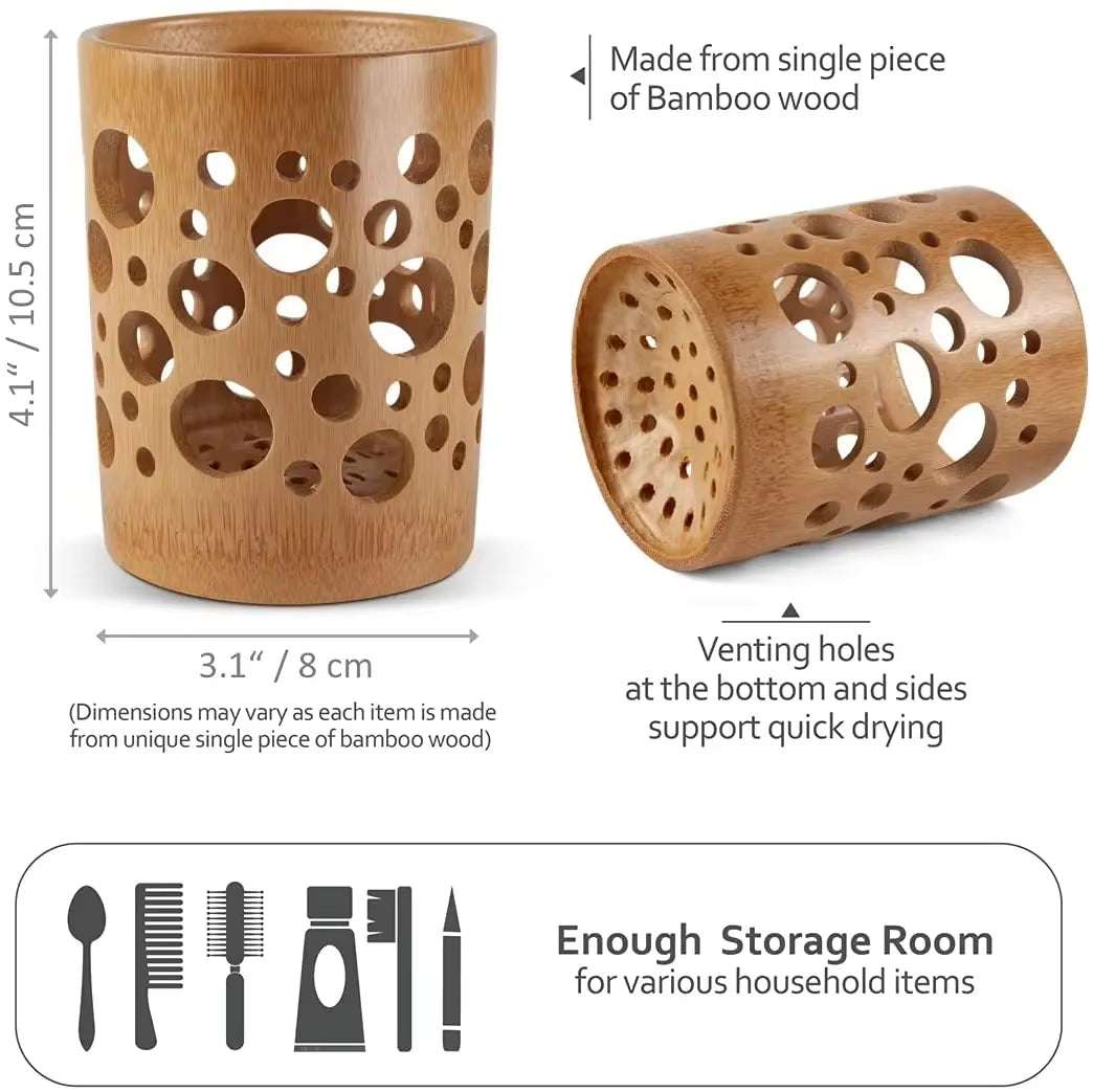 Bamboo toothbrush organizer with venting holes, eco-friendly, compact, and multi-compartment for bathroom storage