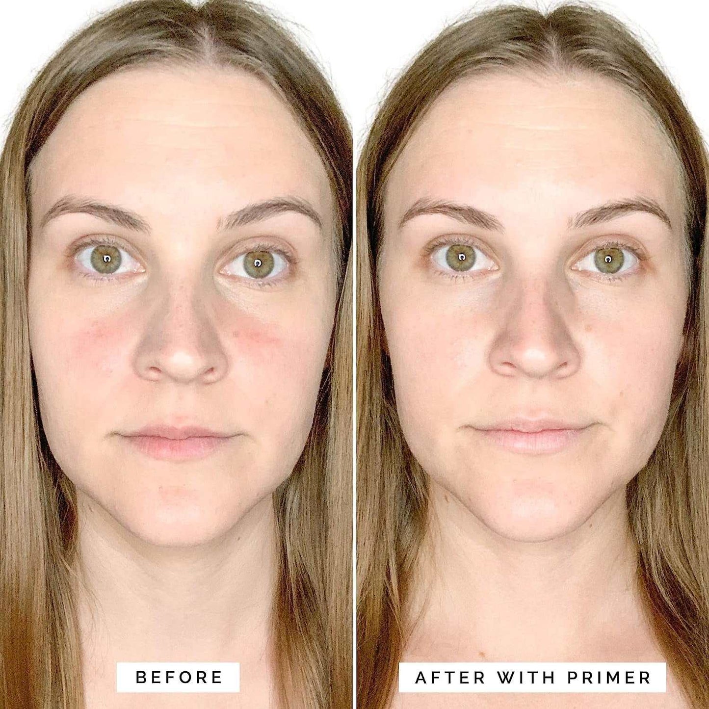 Before and after comparison showing the effect of Long-Lasting Correcting Face Primer on redness-prone skin.