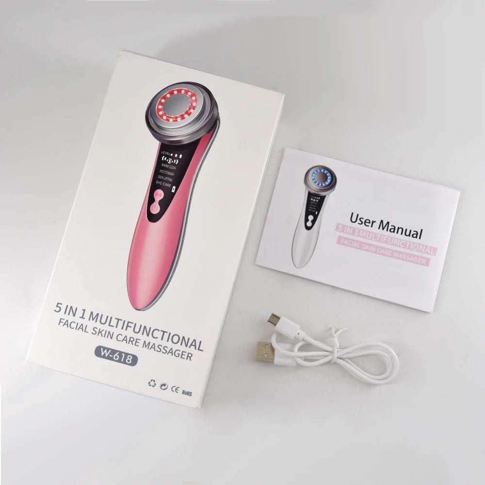 Electric Microcurrent Face Massager with USB charging and user manual.