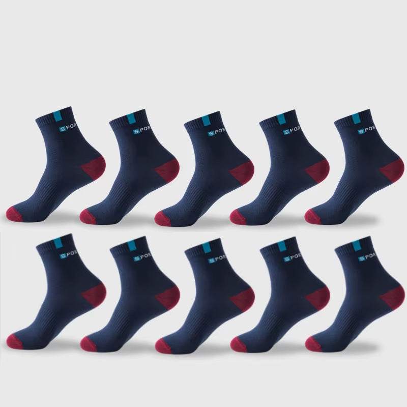 Men's breathable cotton sport socks, navy blue with red heels and toes, featuring a high elastic design for comfort and support.