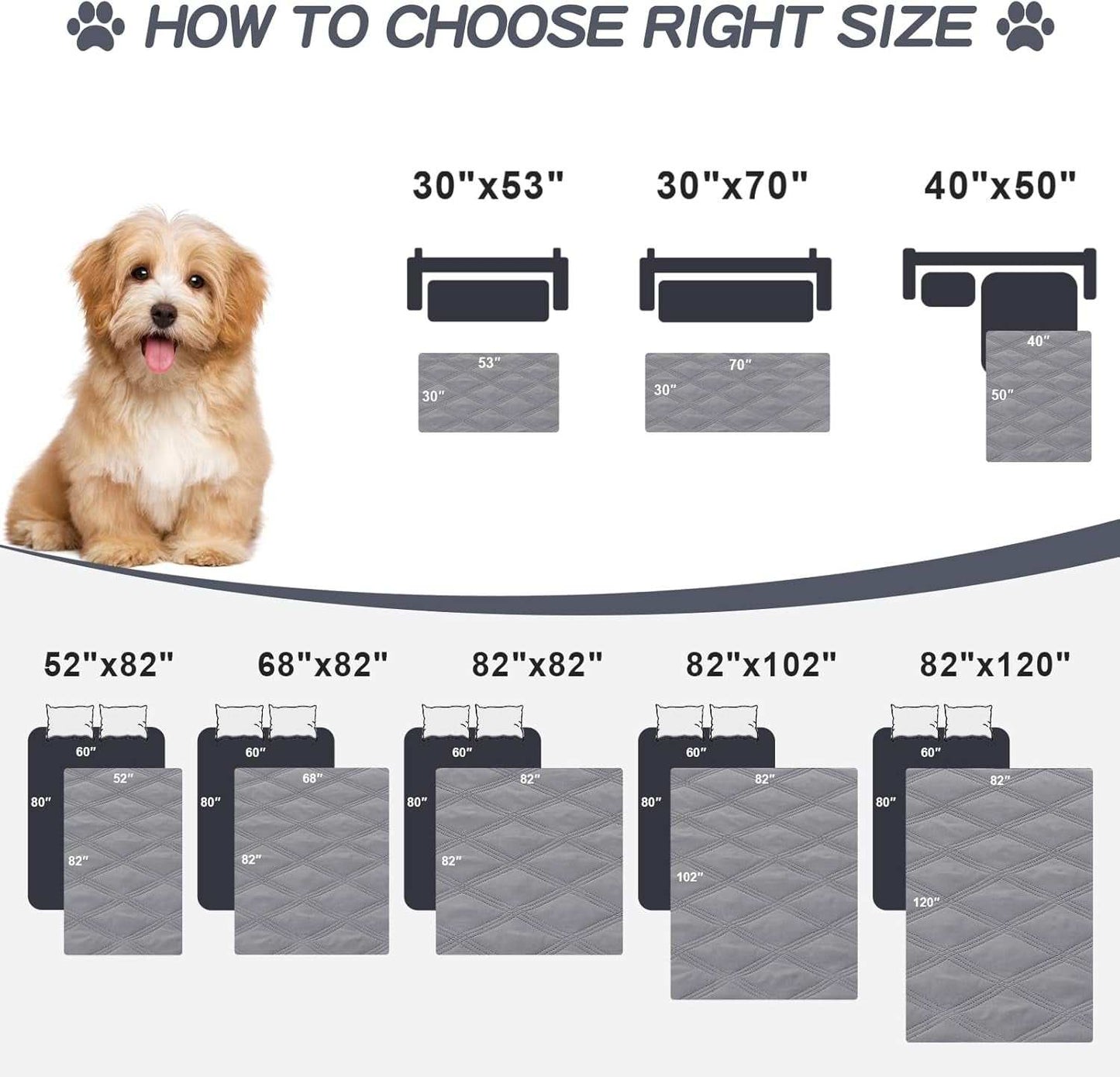 Dog size guide for waterproof sofa furniture blanket options.