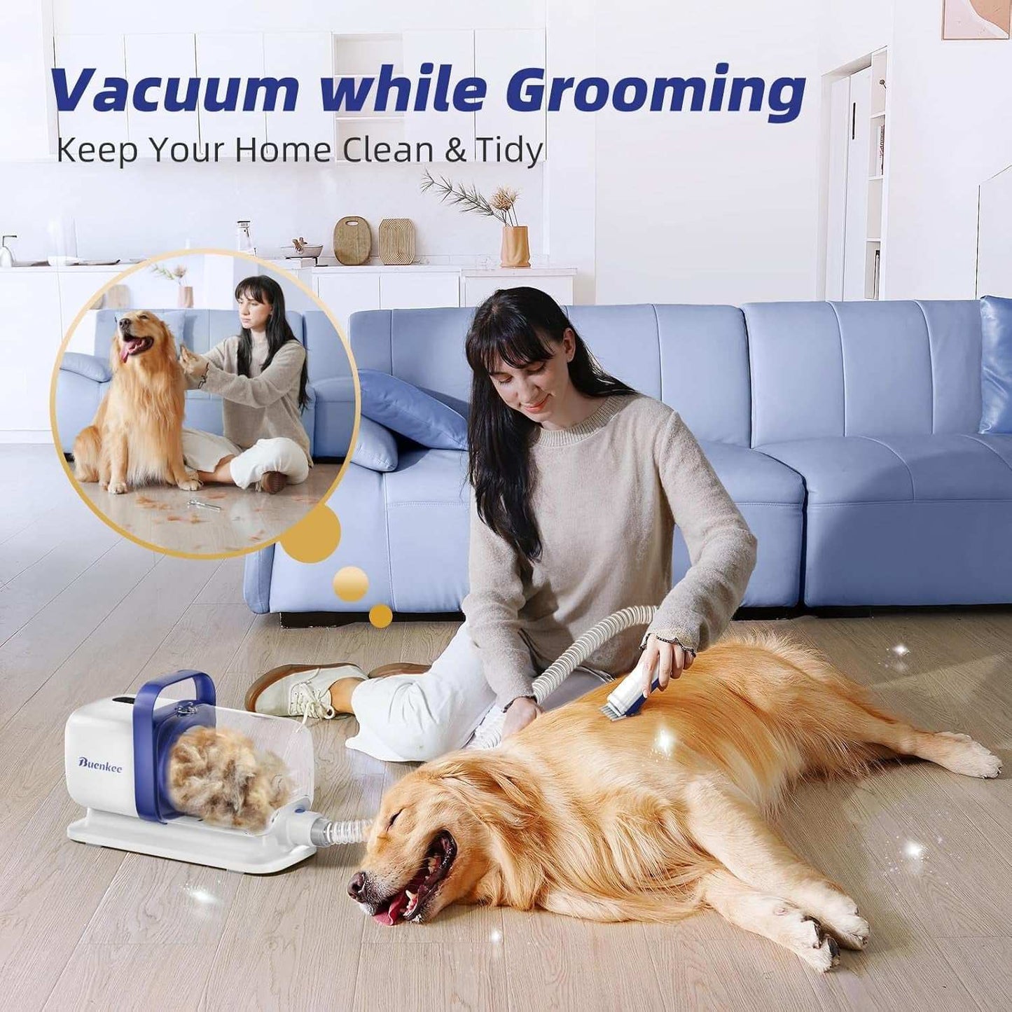 Woman grooming golden retriever using pet grooming vacuum kit with low-noise clipper and built-in vacuum for collecting hair