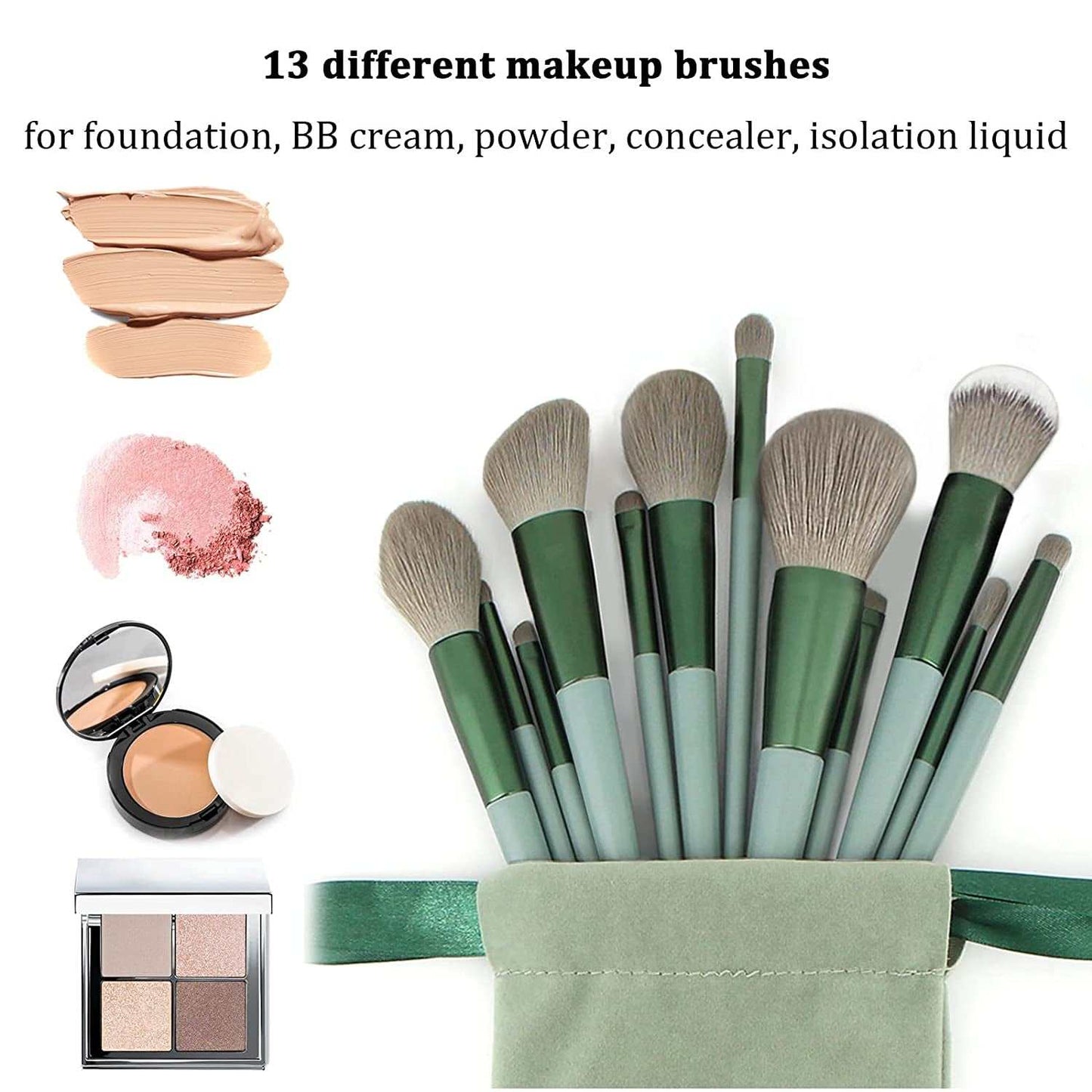 Professional 22-piece makeup brush set with soft synthetic bristles and ergonomic green handles for flawless foundation, eyeshadow, contour, and highlighting application.