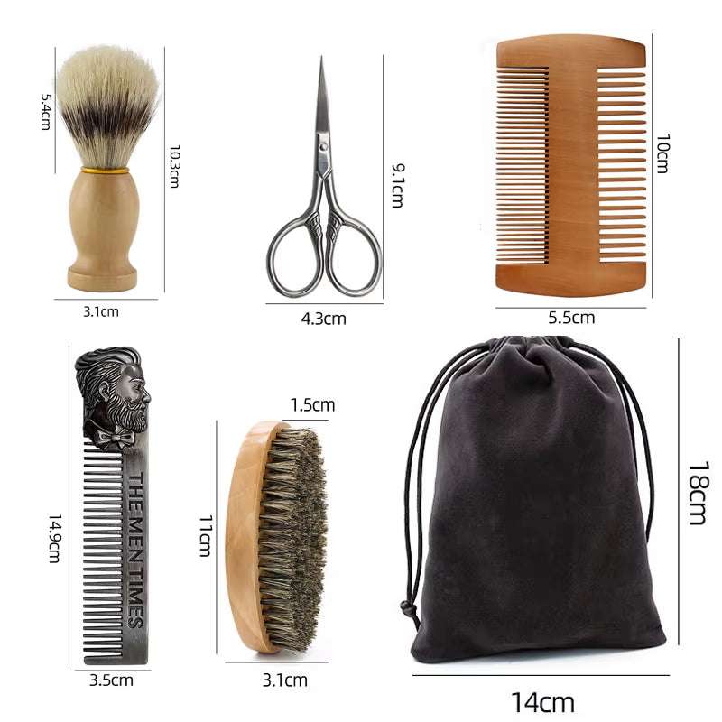 Men's shaving brush set with eco-friendly boar bristles, ergonomic wooden handle, travel-friendly size, and included combs and storage bag.
