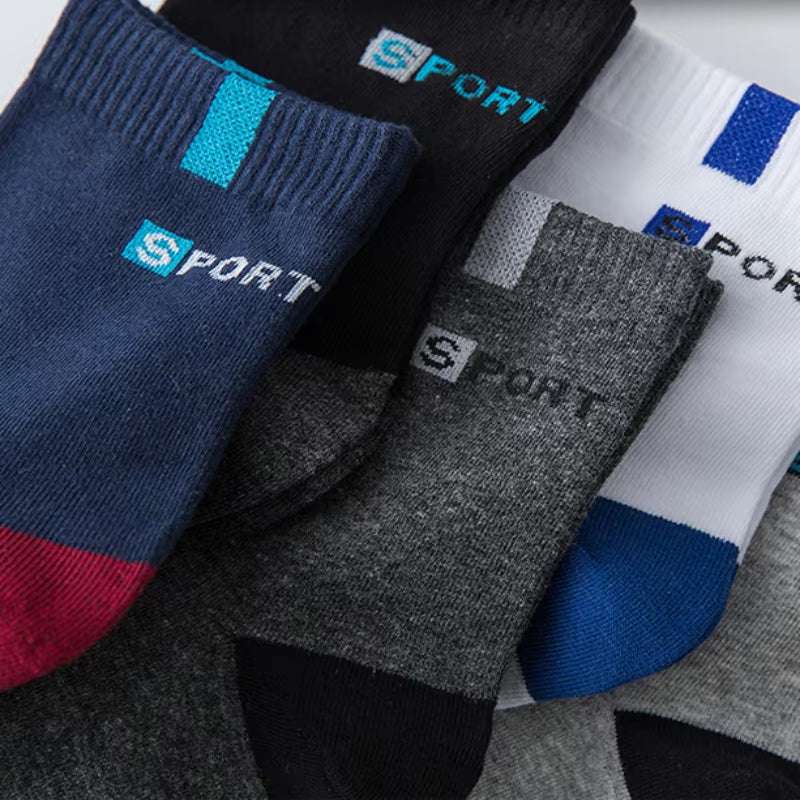 Men's breathable cotton sport socks in assorted colors with letter designs, perfect for active lifestyles.