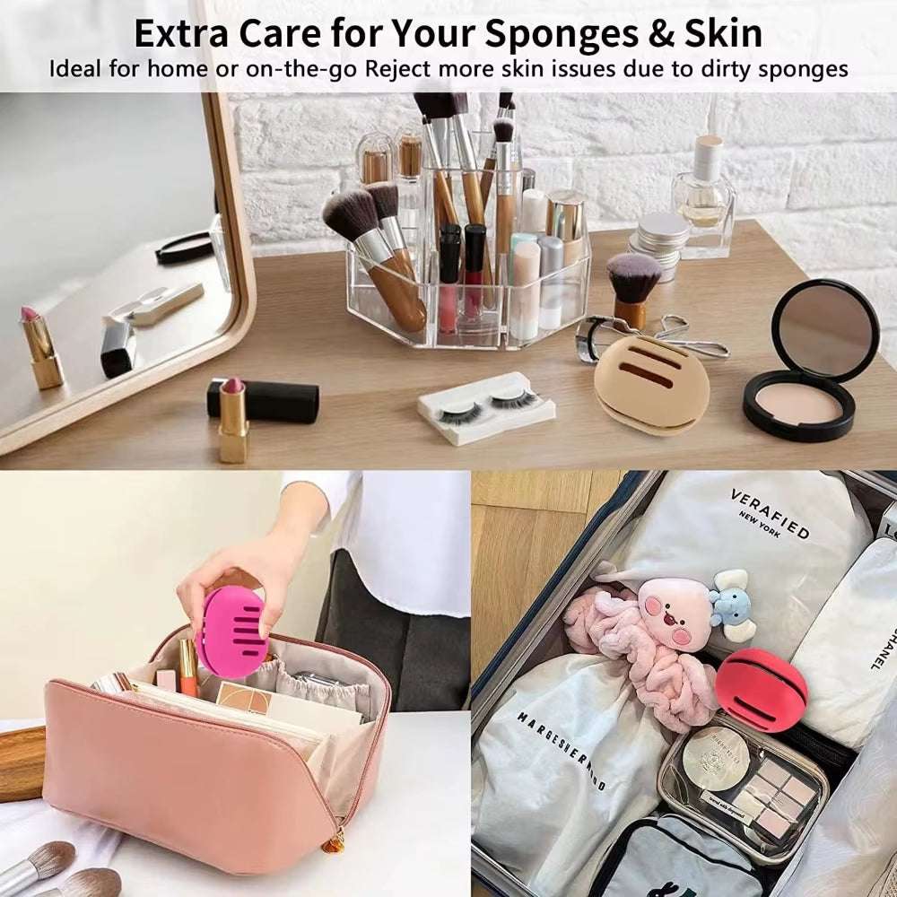 Eco-friendly makeup sponge holder in a stylish silicone case, perfect for travel and hygiene.
