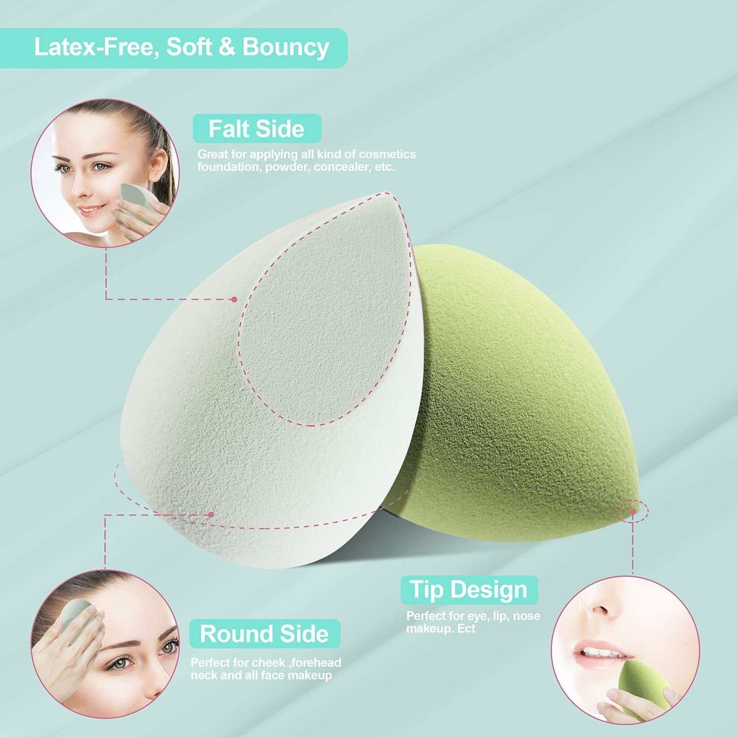 Makeup beauty blending sponges in avocado green with flat, round, and tip design for flawless foundation and concealer application, latex-free and soft.